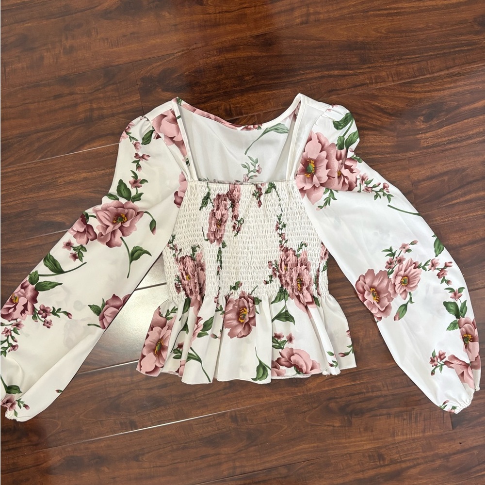 SHEIN Floral Puff Sleeve Top - White and Pink